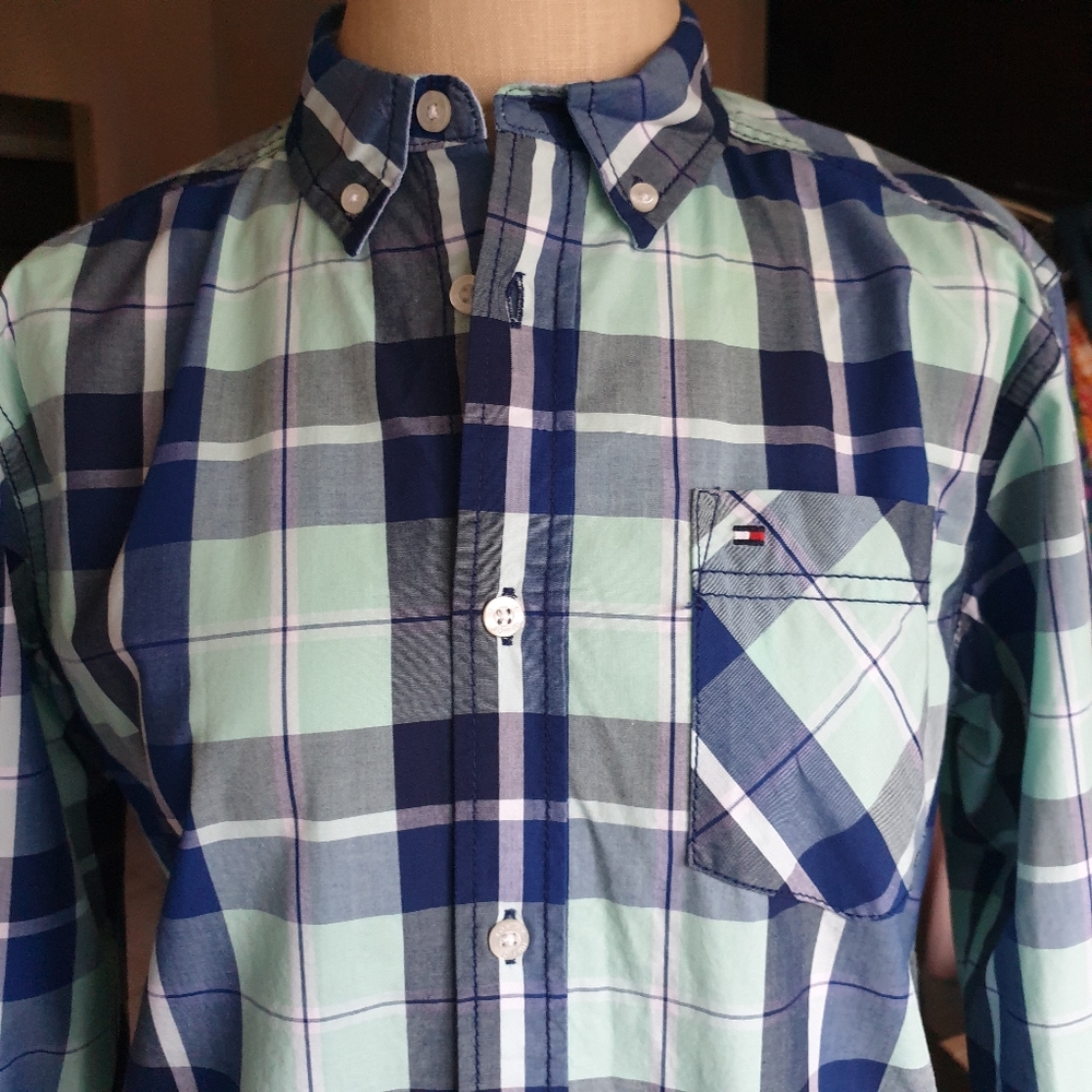 Tommy Hilfiger Mint Green & Navy Plaid Button-Up 100% Cotton Polo Big Boy Lg - Picture 4 of 10